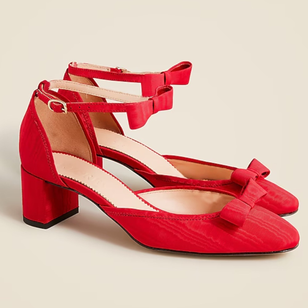 NEW JCrew Millie Bow Ankle-Strap Heels 8 Red GORGEOUS Moiré Fabric Cherry Red